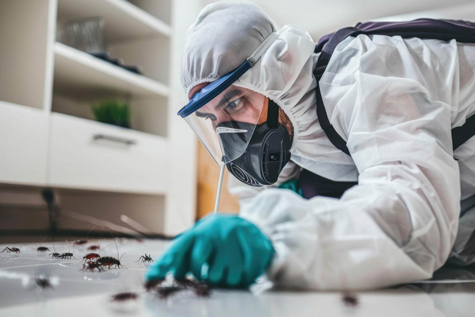 Pest control professional in protective gear, preparing to treat an area for pests.