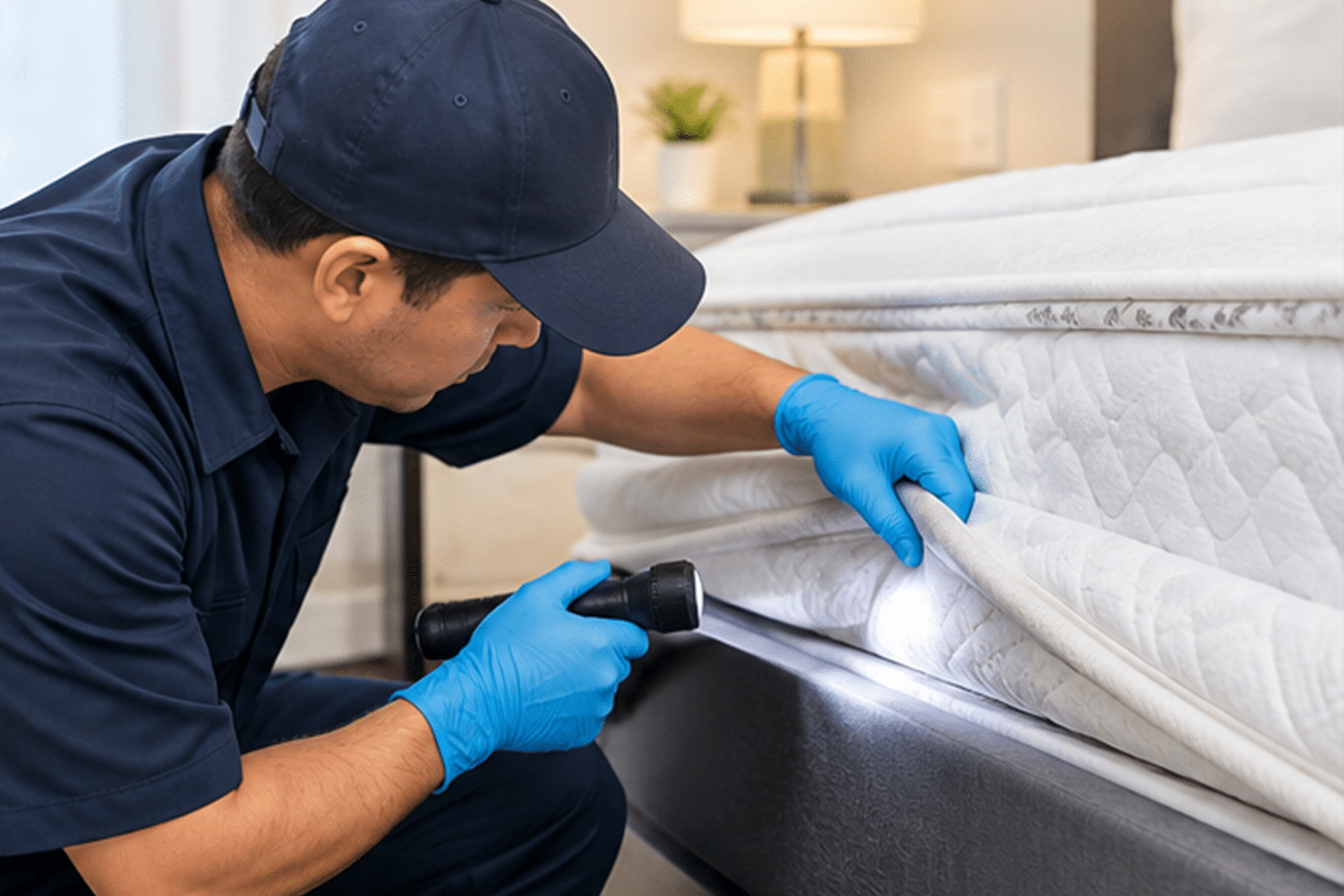 A man wearing blue gloves and a blue shirt inspects a mattress, examining if there is a bed bug on it.