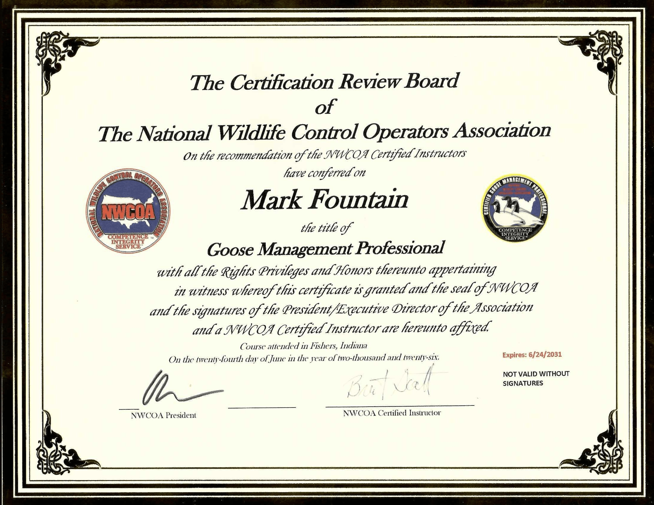 Certification for Mark Fountain