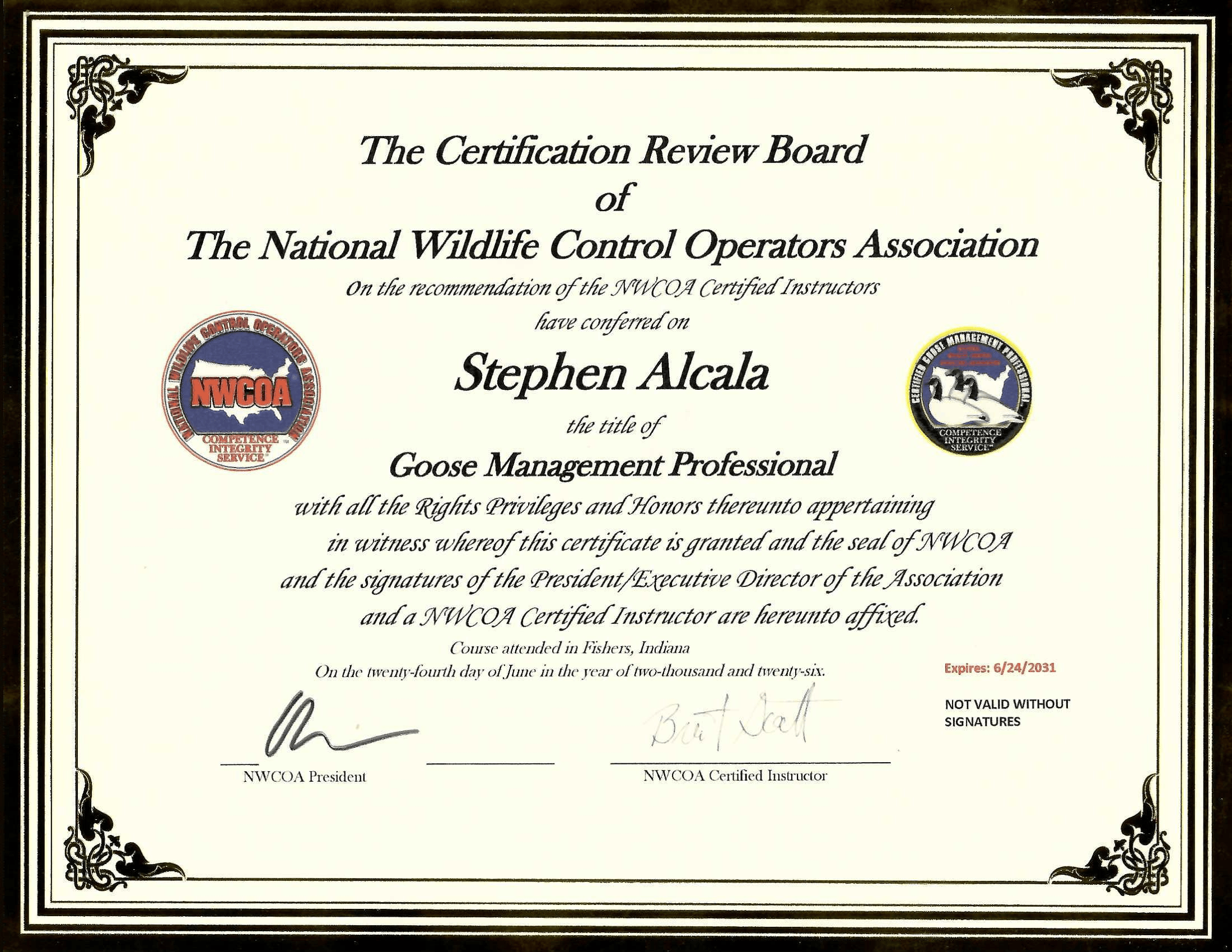 Certification for Stephen Alcala